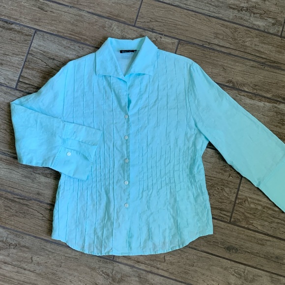 Tracy M Linen Blouse Turquoise Teal Blue XL Extra Large - Picture 5 of 12